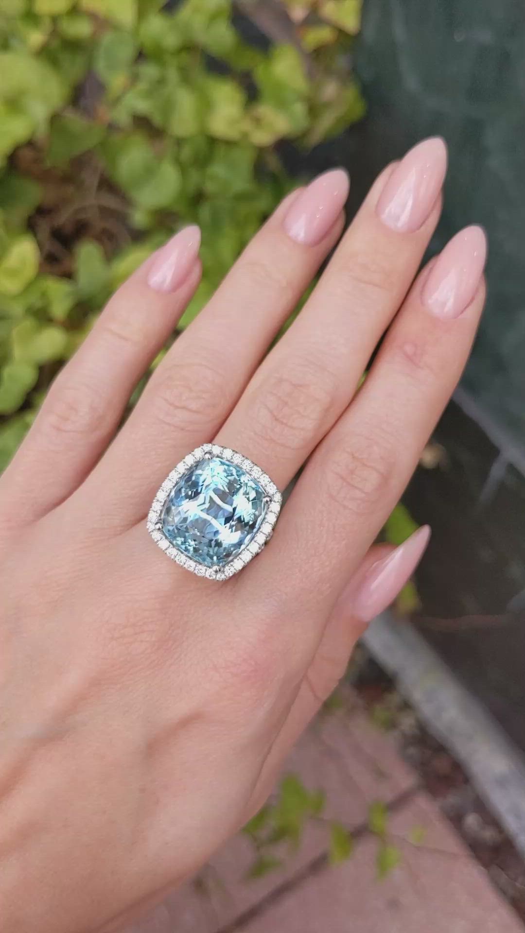 16.20 Ct. Blue Aquamarine and Natural Diamond Pave Ring, Platinum 950 Size Video