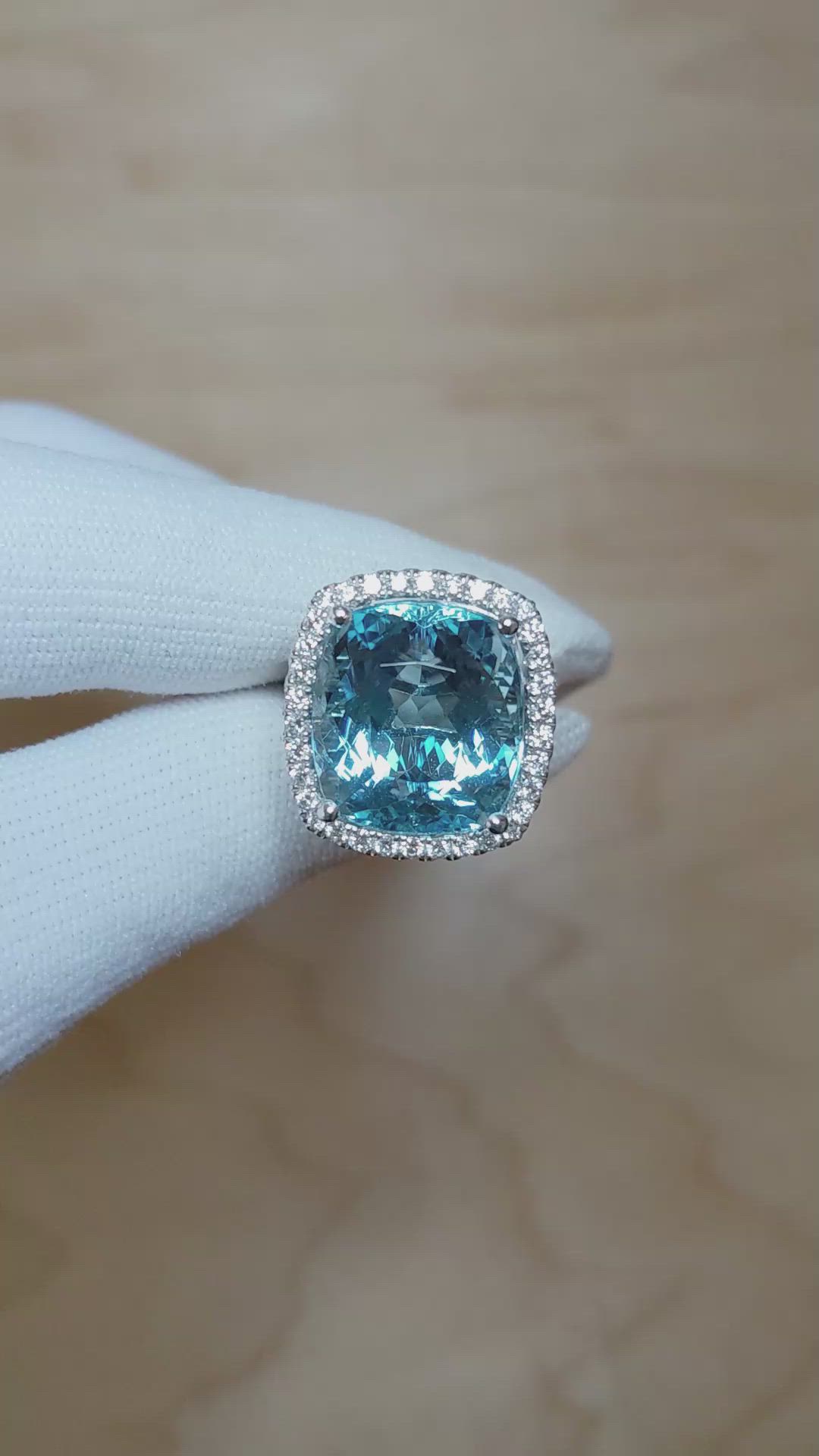 16.20 Ct. Blue Aquamarine and Natural Diamond Pave Ring, Platinum 950 Size Video