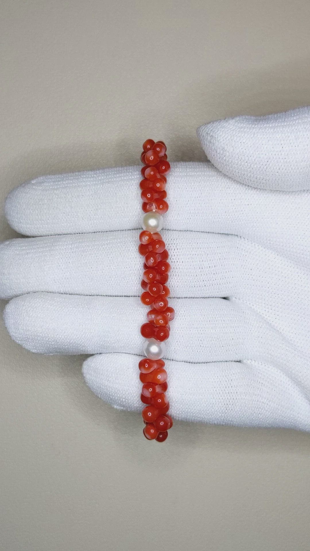 33.05 Ct.Tw.Total Carat Weight Red Coral and White Freshwater Pearl Tennis/Line Bracelet, 18K Yellow Gold Size Video