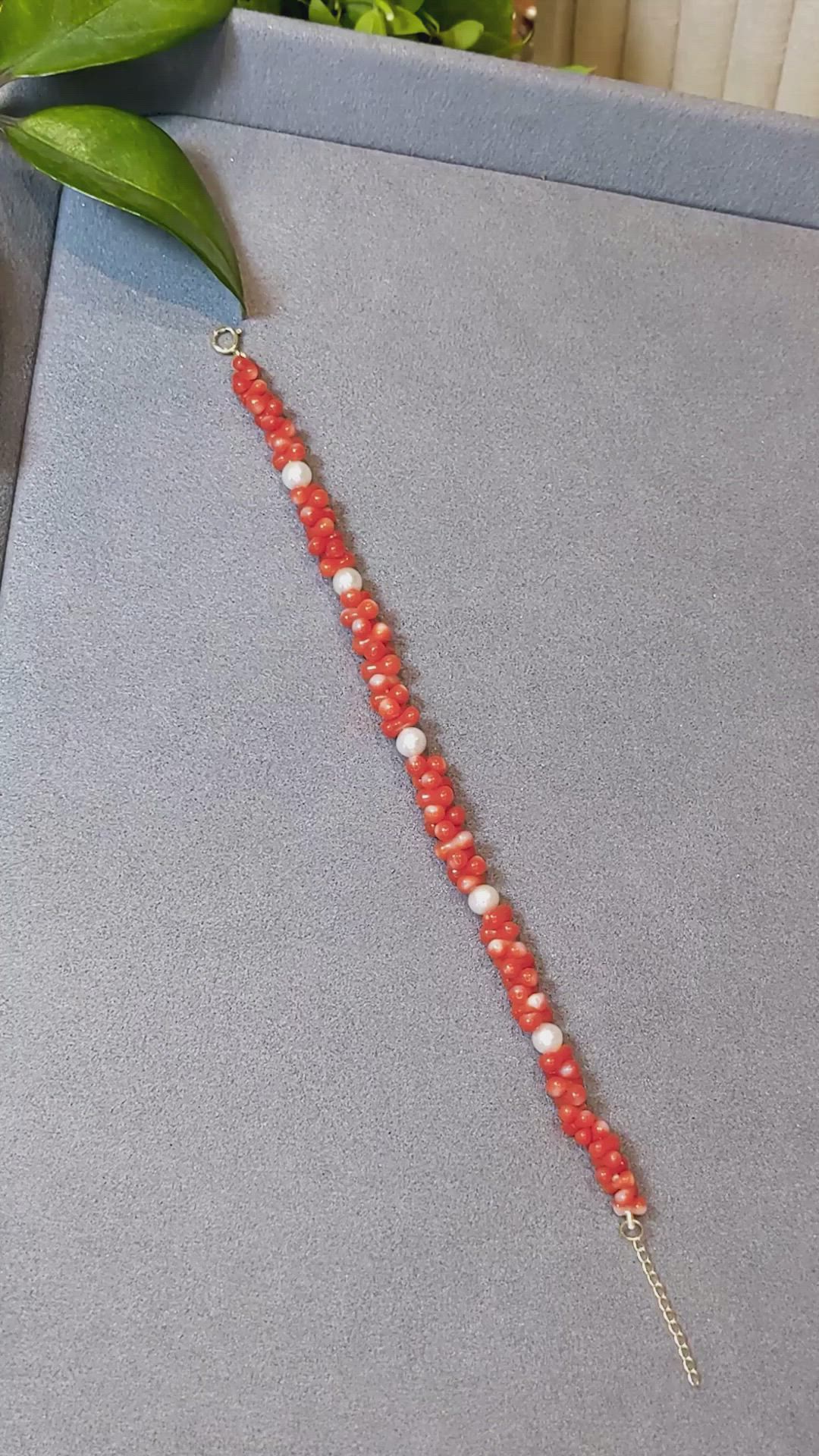 33.05 Ct.Tw.Total Carat Weight Red Coral and White Freshwater Pearl Tennis/Line Bracelet, 18K Yellow Gold Size Video