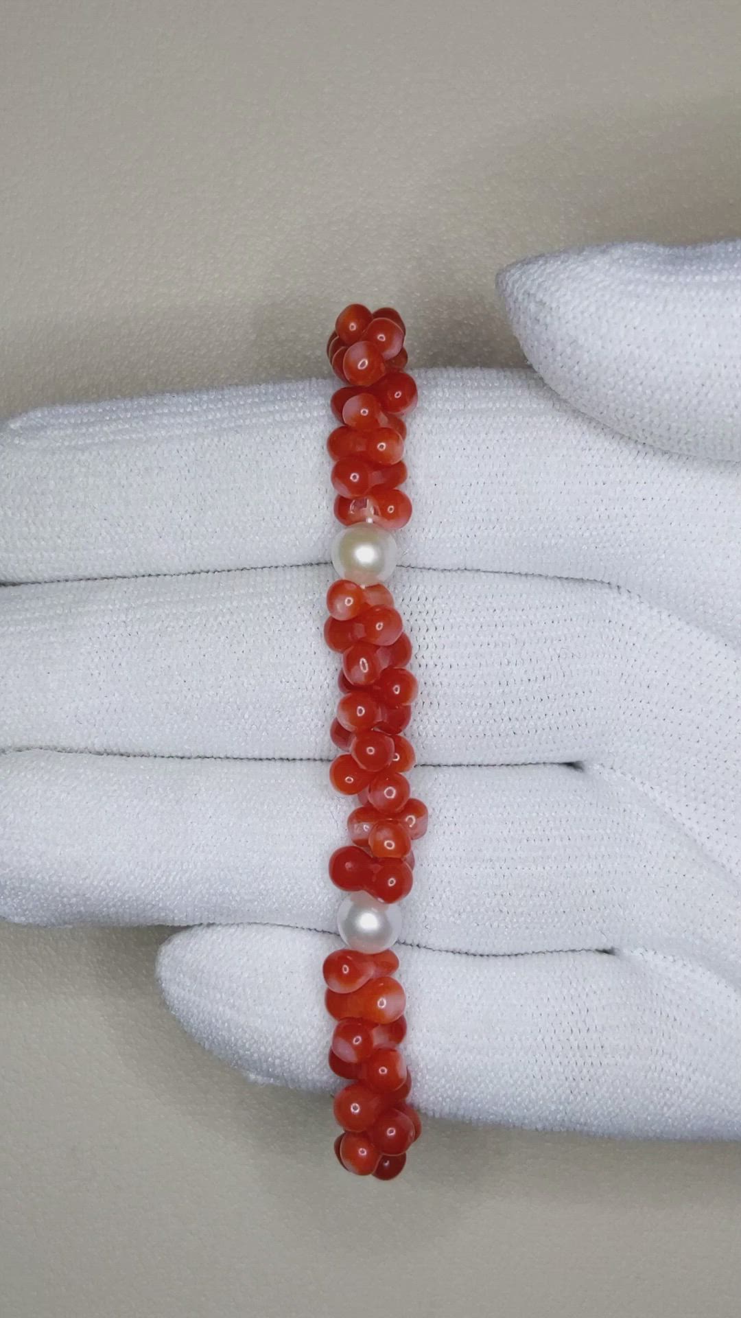 33.05 Ct.Tw.Total Carat Weight Red Coral and White Freshwater Pearl Tennis/Line Bracelet, 18K Yellow Gold Size Video