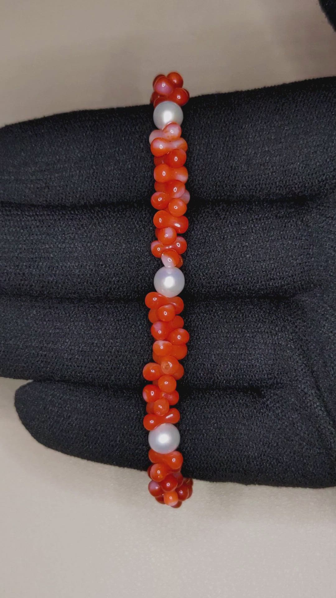33.25 Ct.Tw.Total Carat Weight Red Coral and White Freshwater Pearl Tennis/Line Bracelet, 18K White Gold Size Video