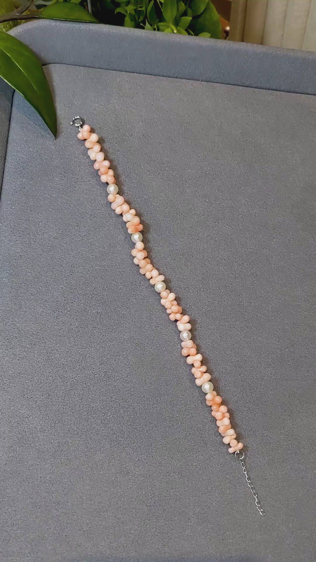 33.90&nbsp;Ct.Tw.Total Carat Weight Pink Coral and White Freshwater Pearl Tennis/Line Bracelet, 18K White Gold Size Video