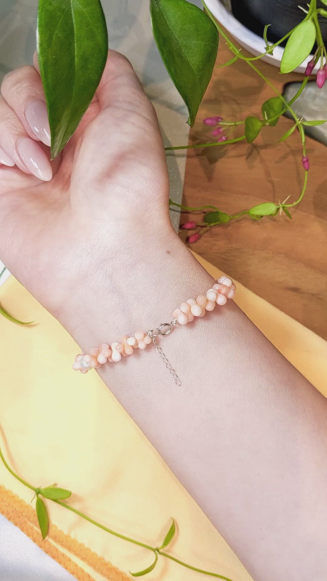 33.90&nbsp;Ct.Tw.Total Carat Weight Pink Coral and White Freshwater Pearl Tennis/Line Bracelet, 18K White Gold Size Video