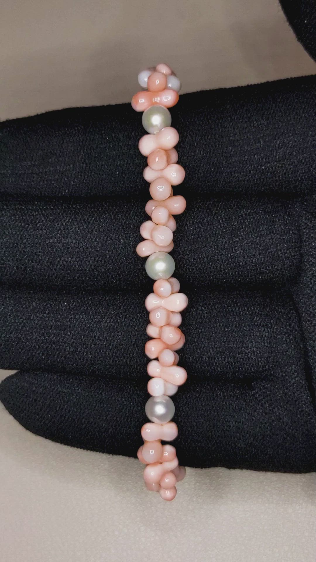 33.90&nbsp;Ct.Tw.Total Carat Weight Pink Coral and White Freshwater Pearl Tennis/Line Bracelet, 18K White Gold Size Video