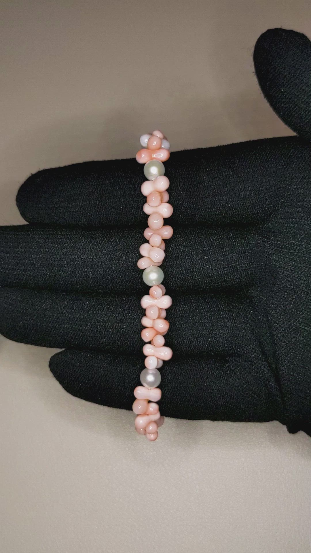 33.90&nbsp;Ct.Tw.Total Carat Weight Pink Coral and White Freshwater Pearl Tennis/Line Bracelet, 18K White Gold Size Video