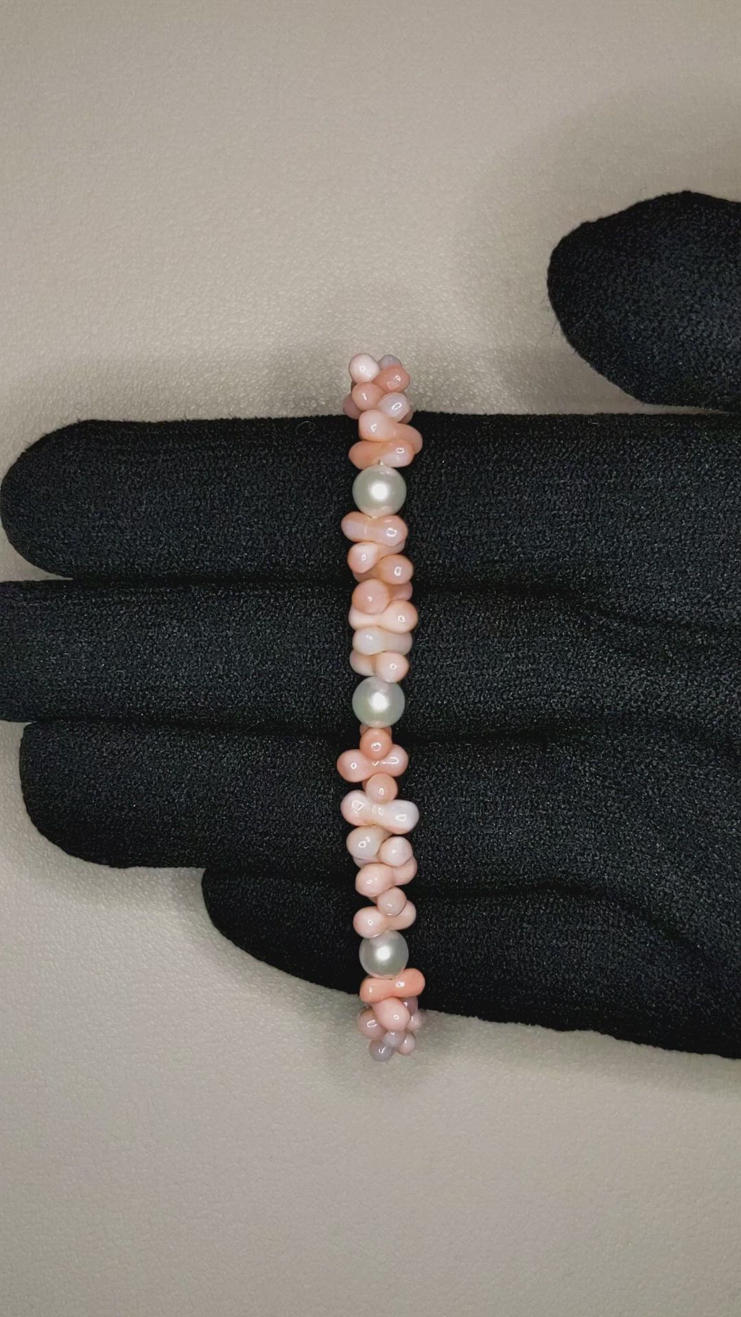 60.20&nbsp;Ct.Tw.Total Carat Weight White Freshwater Pearl and Pink Coral Tennis/Line Bracelet, 18K Yellow Gold Size Video
