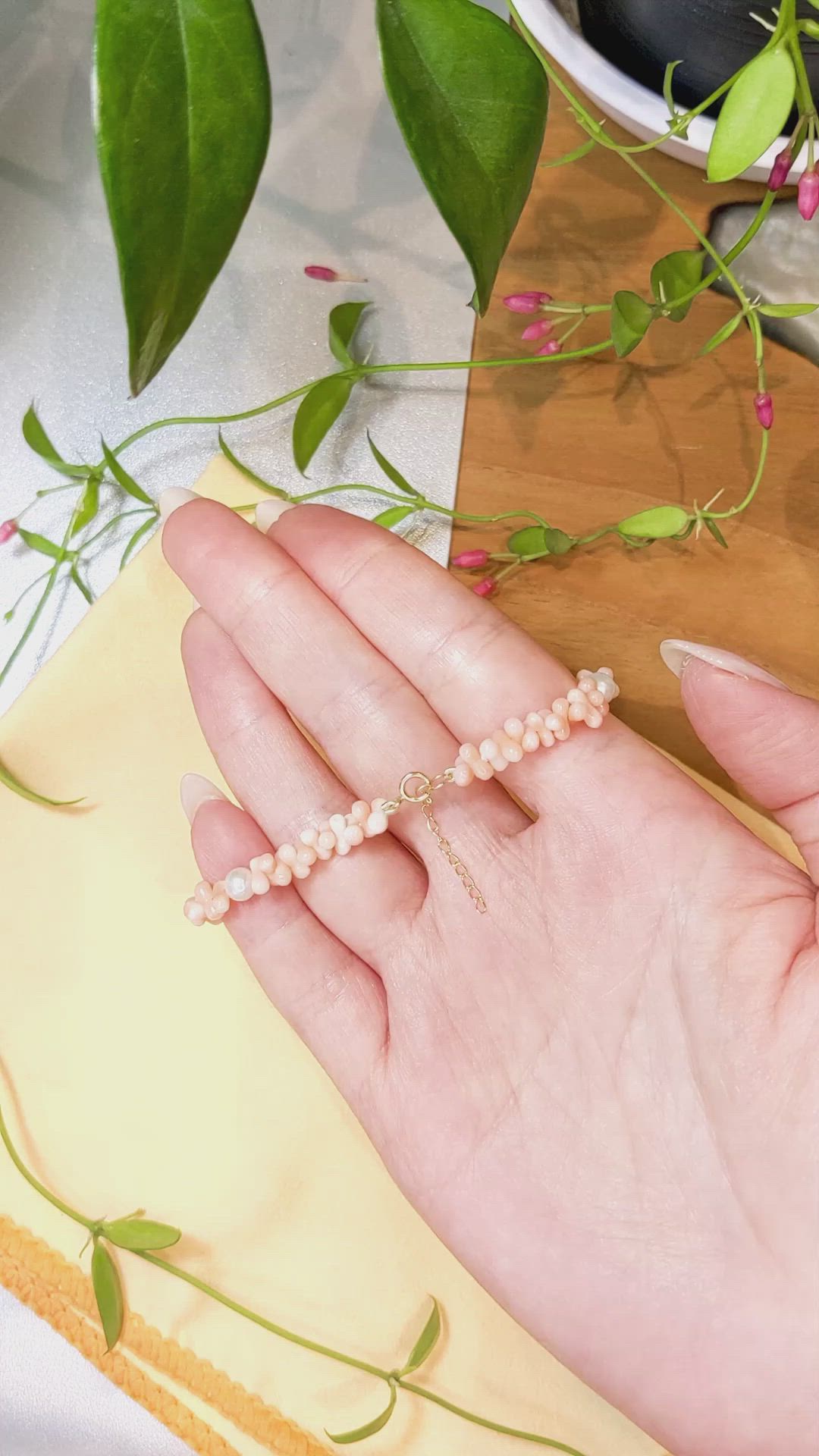 60.20&nbsp;Ct.Tw.Total Carat Weight White Freshwater Pearl and Pink Coral Tennis/Line Bracelet, 18K Yellow Gold Size Video