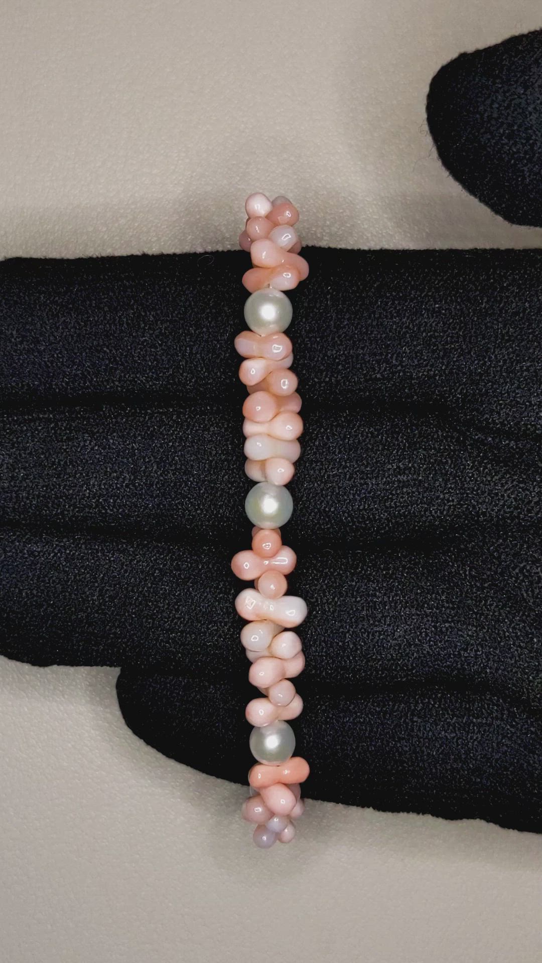 60.20&nbsp;Ct.Tw.Total Carat Weight White Freshwater Pearl and Pink Coral Tennis/Line Bracelet, 18K Yellow Gold Size Video