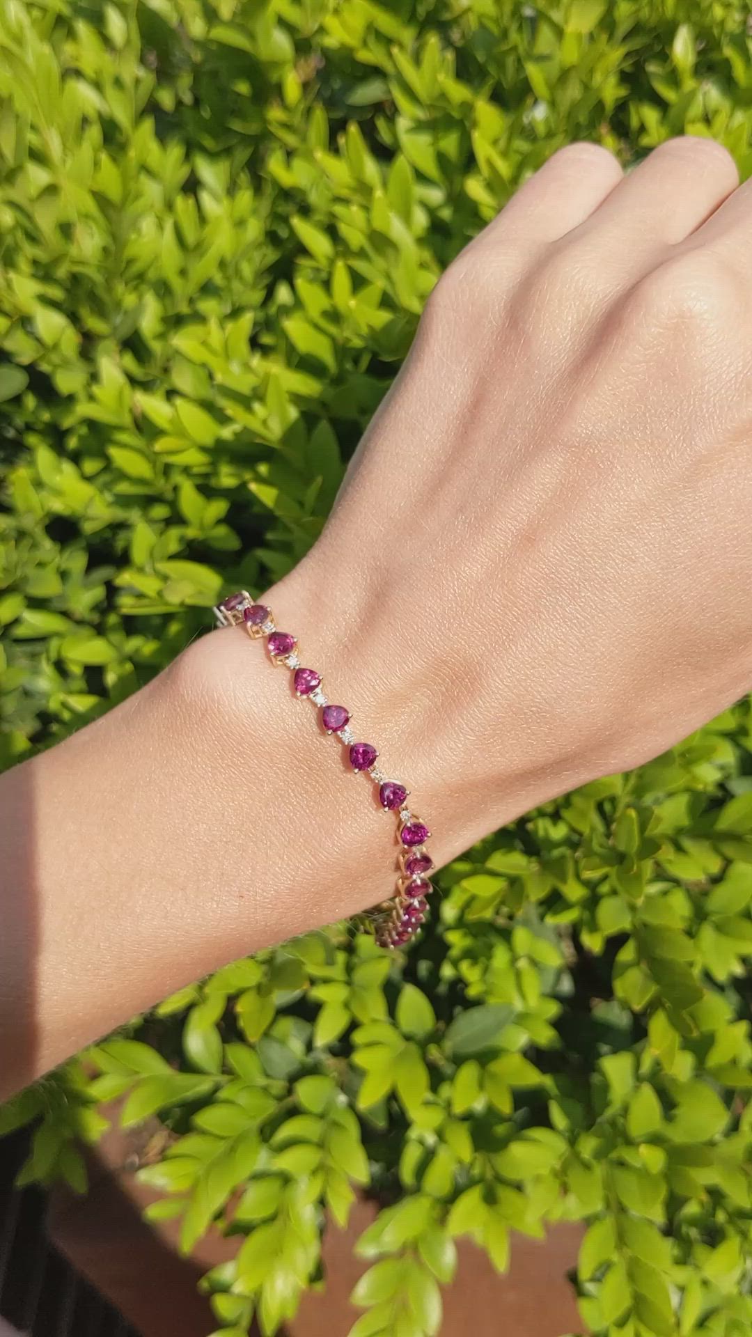 9.45 Ct.Tw.Total Carat Weight Purplish Red Rhodolite Garnet and Natural Diamond Tennis/Line Bracelet, 14K Yellow Gold Size Video