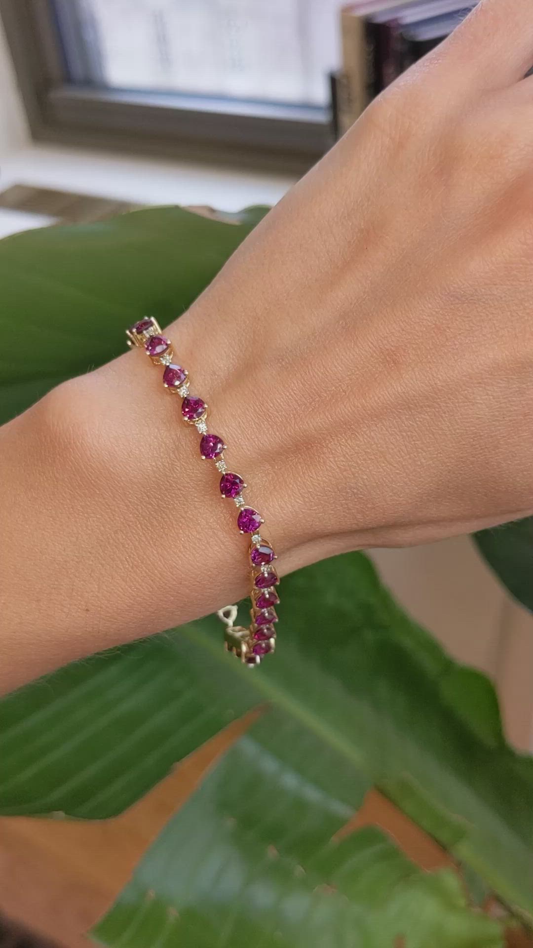 9.45 Ct.Tw.Total Carat Weight Purplish Red Rhodolite Garnet and Natural Diamond Tennis/Line Bracelet, 14K Yellow Gold Size Video