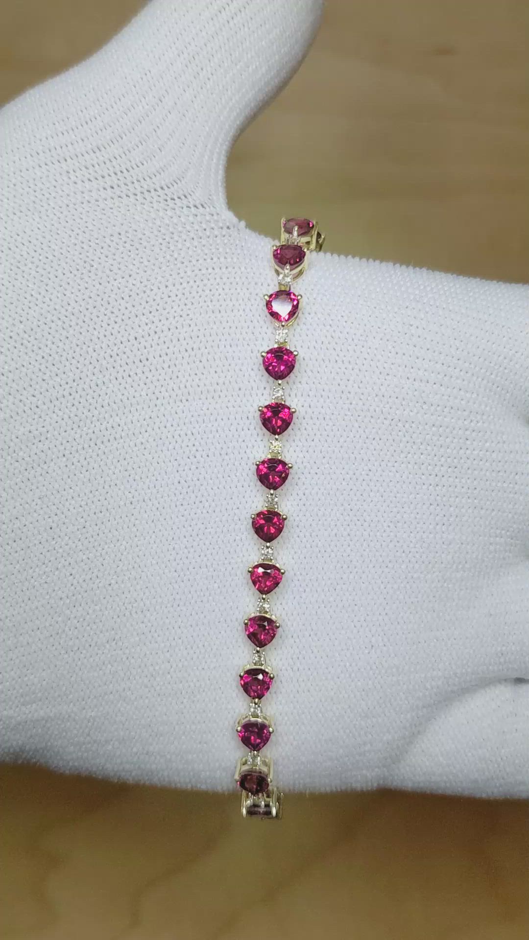 9.45 Ct.Tw.Total Carat Weight Purplish Red Rhodolite Garnet and Natural Diamond Tennis/Line Bracelet, 14K Yellow Gold Size Video