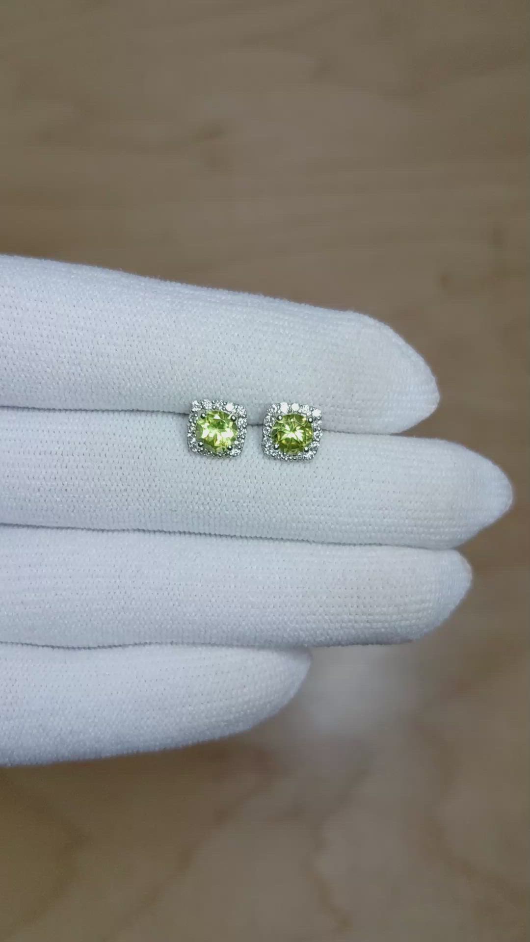 1.18 Ct.Tw.Total Carat Weight Green (Lime Green) Peridot and Natural Diamond Studs Earrings, 14K White Gold Size Video