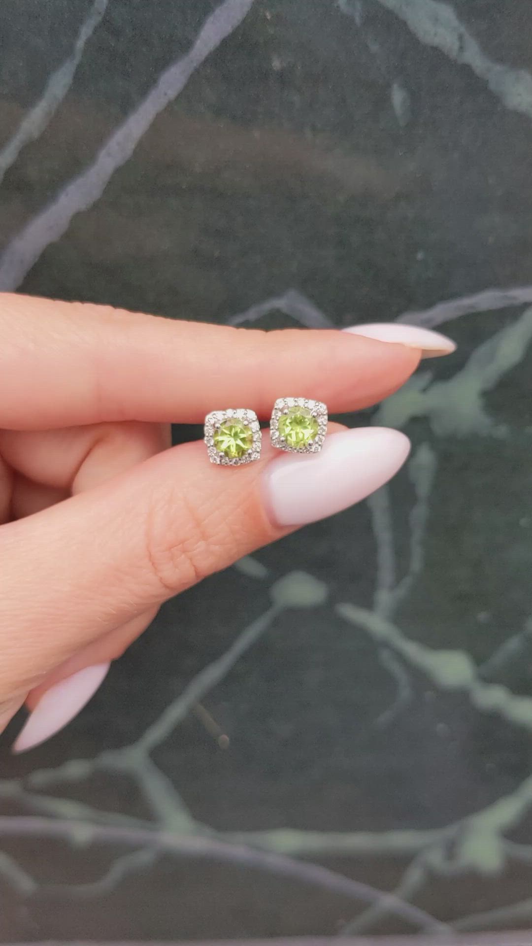 1.18 Ct.Tw.Total Carat Weight Green (Lime Green) Peridot and Natural Diamond Studs Earrings, 14K White Gold Size Video