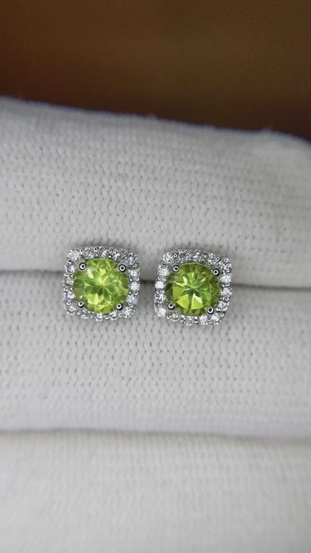 1.18 Ct.Tw.Total Carat Weight Green (Lime Green) Peridot and Natural Diamond Studs Earrings, 14K White Gold Size Video