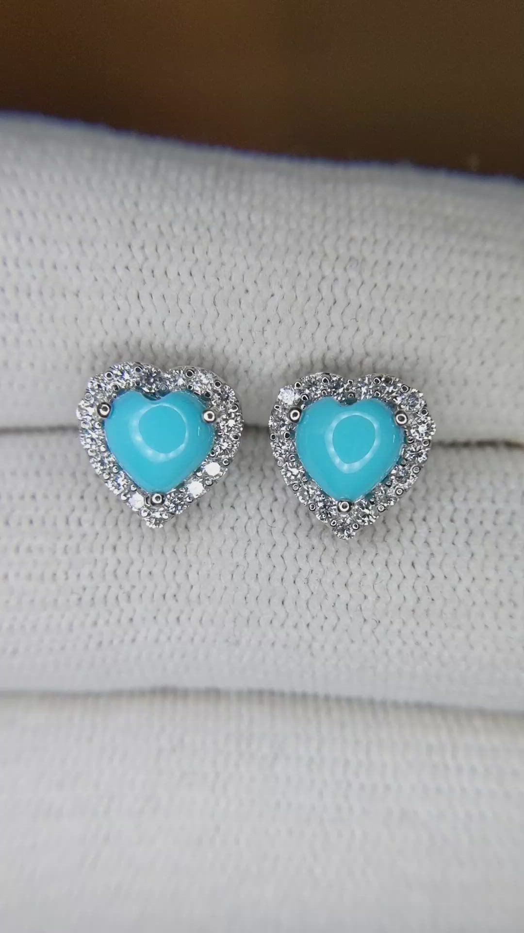 1.29&nbsp;Ct.Tw.Total Carat Weight Blue Turquoise and Natural Diamond Studs Earrings, 14K White Gold Size Video
