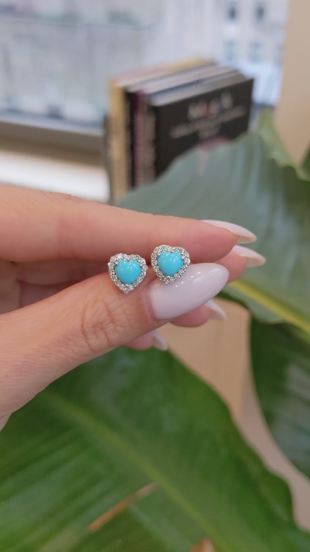 1.29&nbsp;Ct.Tw.Total Carat Weight Blue Turquoise and Natural Diamond Studs Earrings, 14K White Gold Size Video