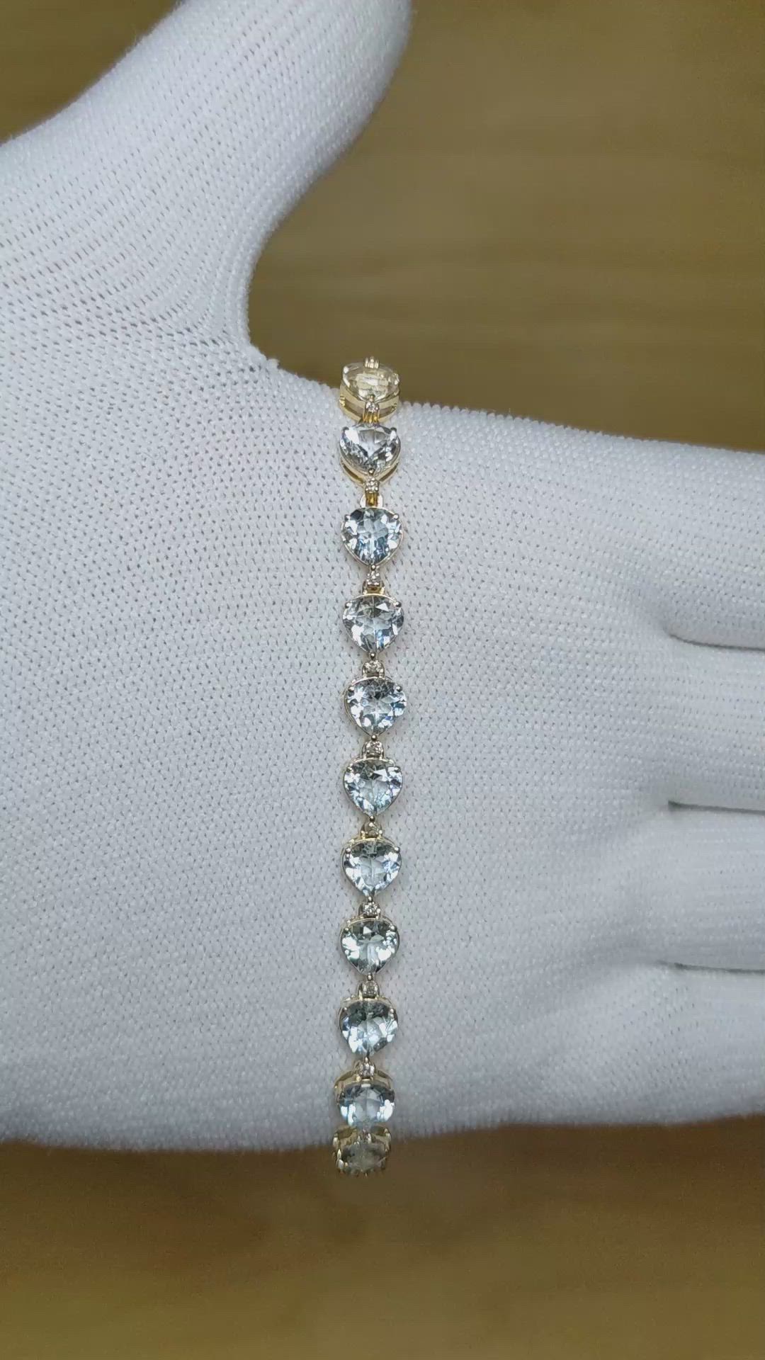 9.42 Ct.Tw.Total Carat Weight Blue Aquamarine and Natural Diamond Tennis/Line Bracelet, 14K Yellow Gold Size Video