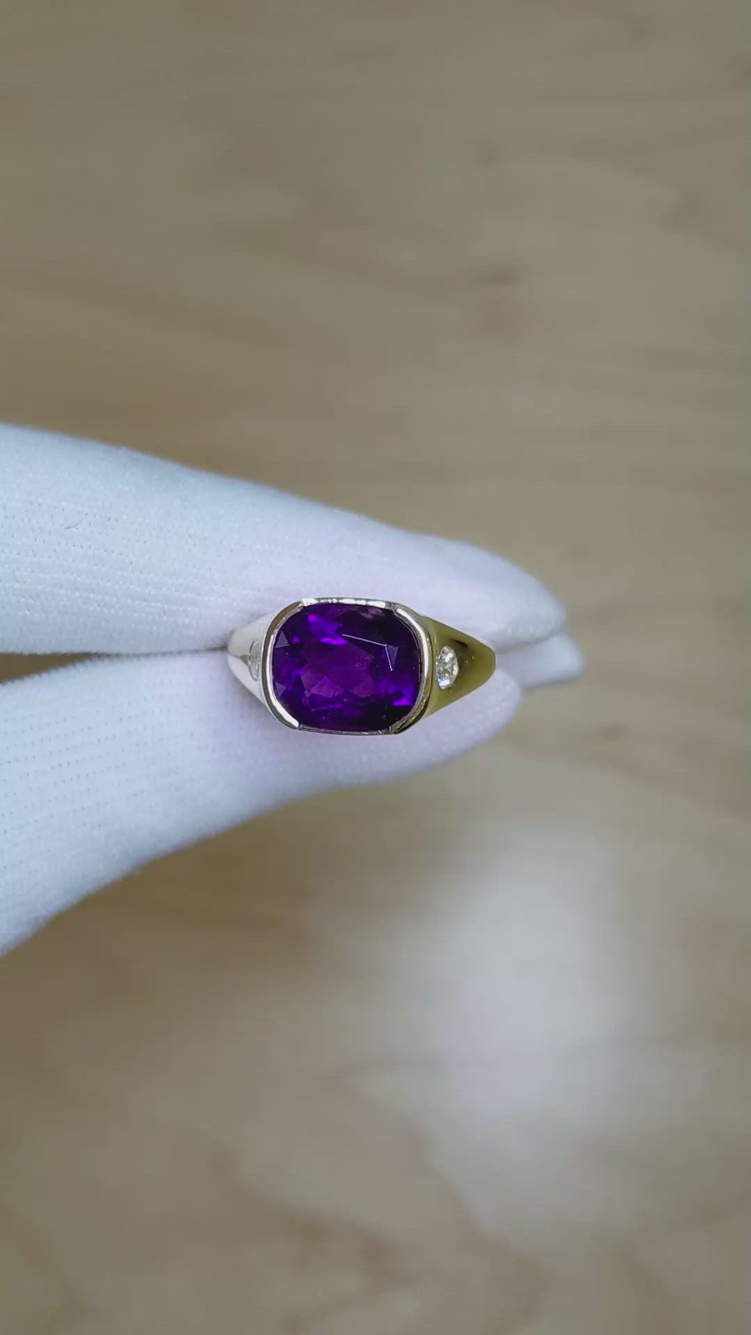 5.02 Ct. Purple Amethyst and Natural Diamond Men's Ring, 14K Yellow Gold Size Video