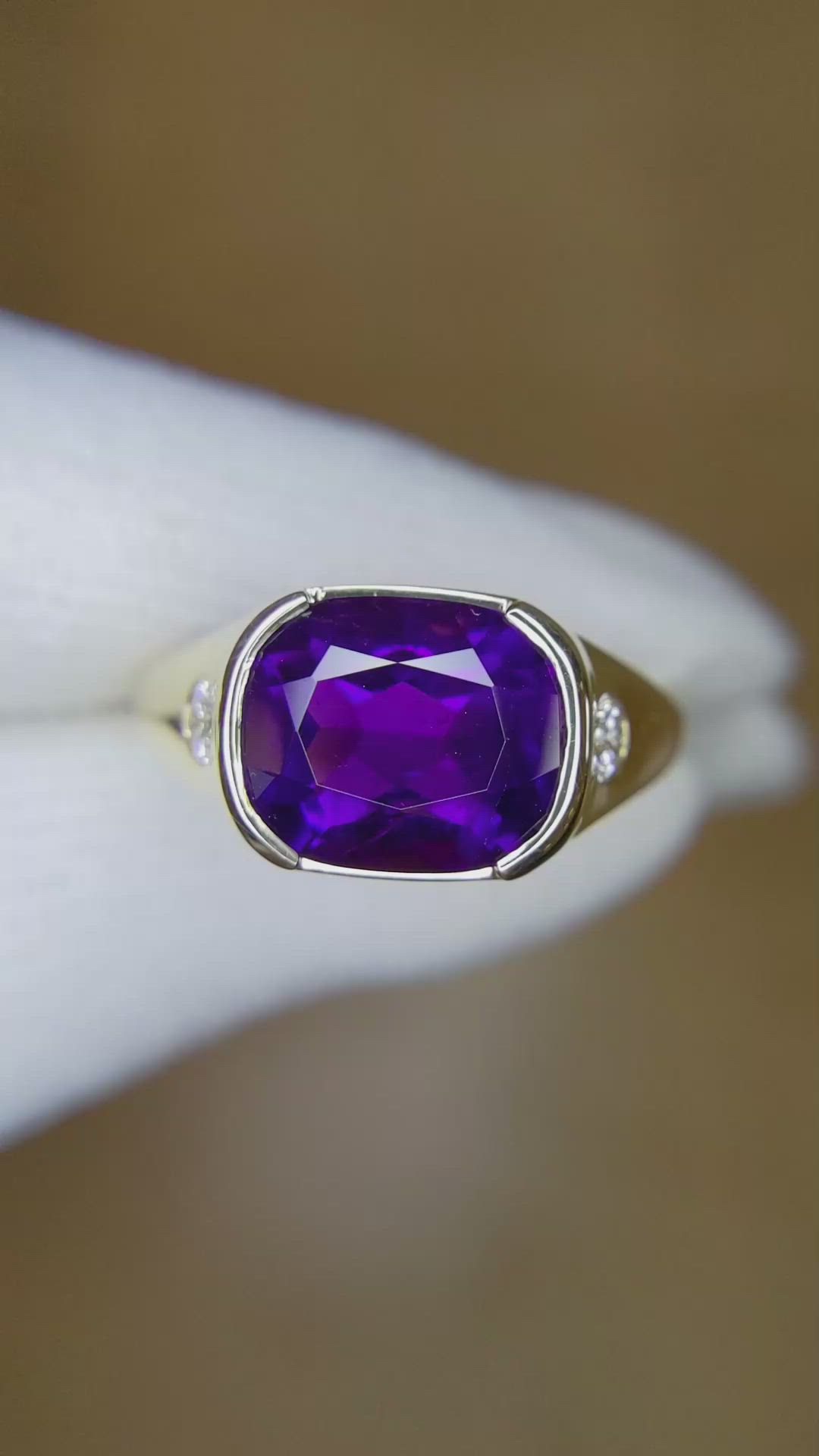 5.02 Ct. Purple Amethyst and Natural Diamond Men's Ring, 14K Yellow Gold Size Video