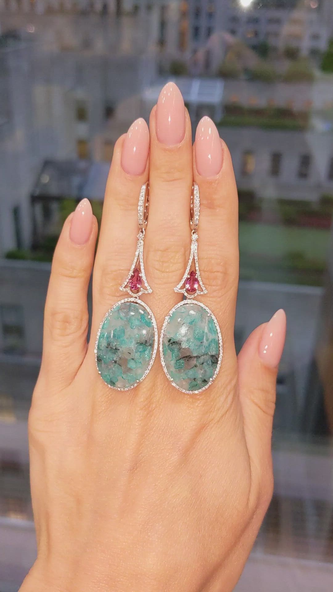 30.62&nbsp;Ct.Tw.Total Carat Weight Mixed Tourmaline and Natural Diamond Pave Earrings, 18K White Gold Size Video