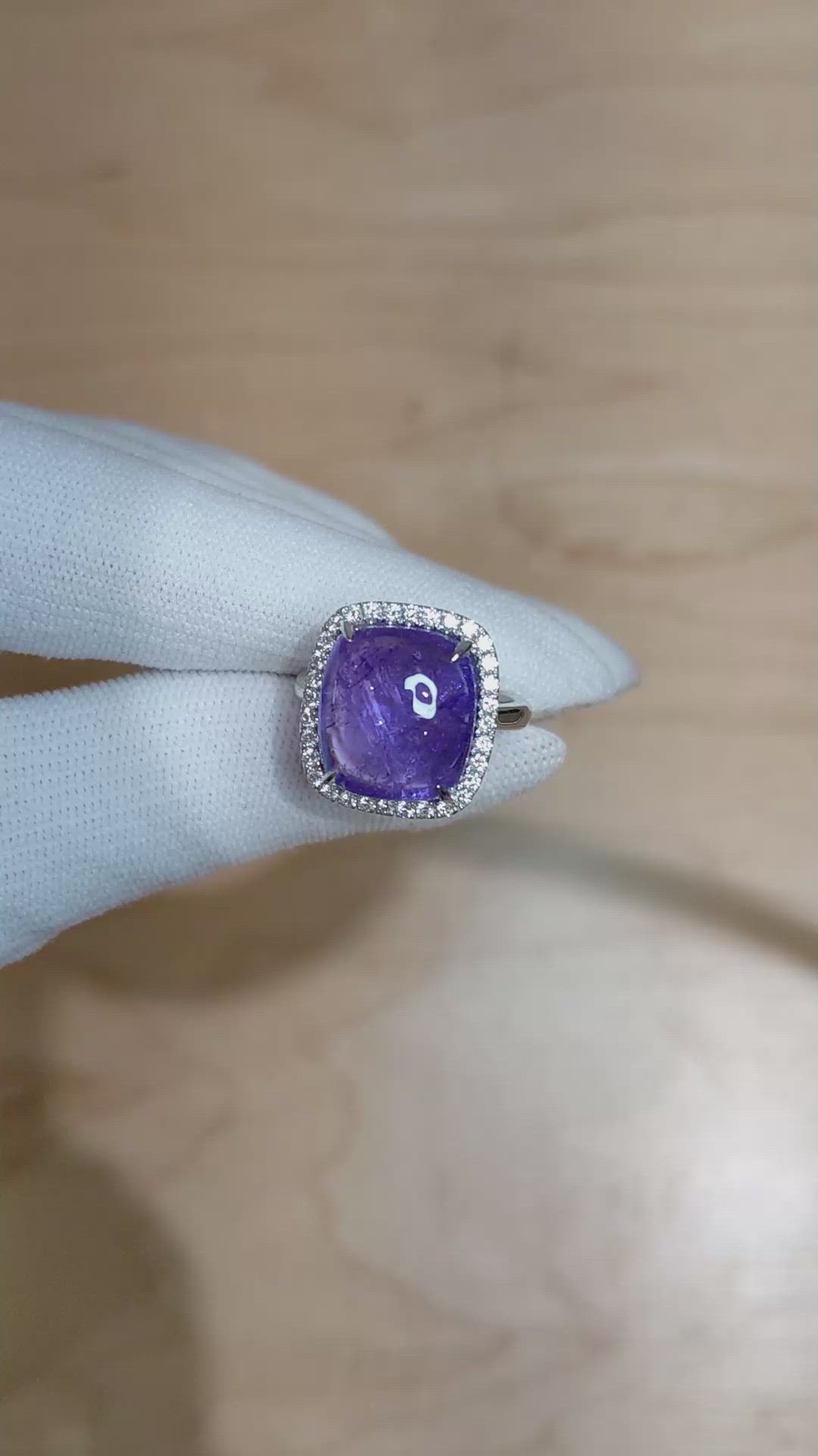 11.58 Ct. Violet Tanzanite and Natural Diamond Pave Ring, 14K White Gold Size Video