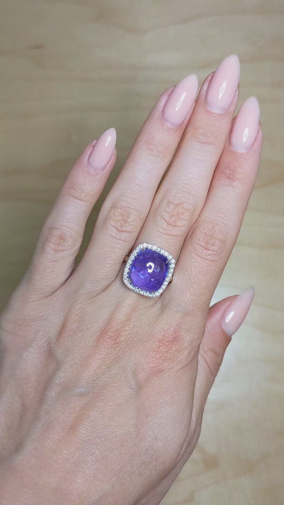 11.58 Ct. Violet Tanzanite and Natural Diamond Pave Ring, 14K White Gold Size Video