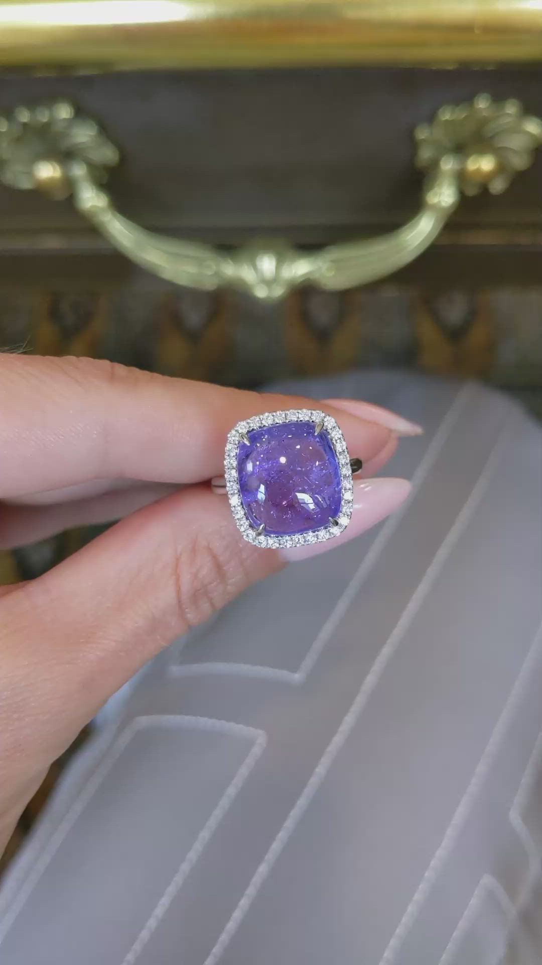 11.58 Ct. Violet Tanzanite and Natural Diamond Pave Ring, 14K White Gold Size Video