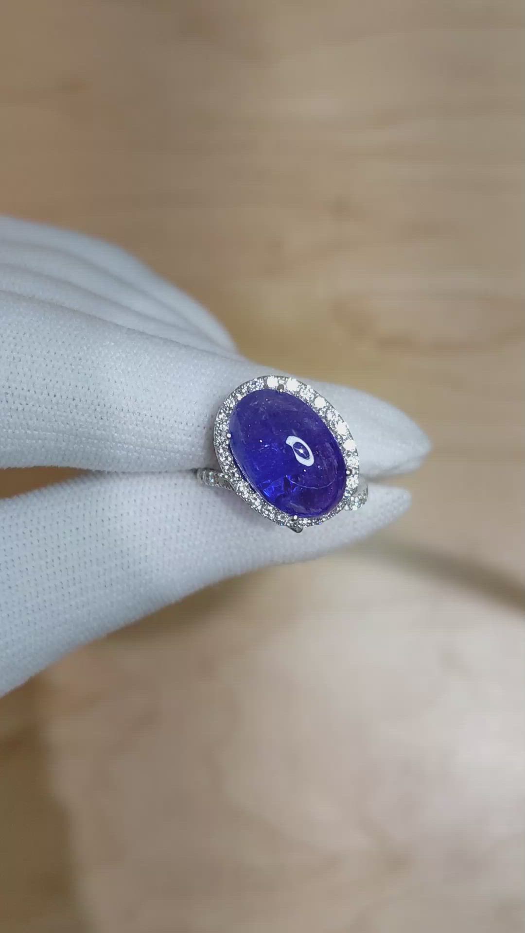8.56 Ct. Violet Tanzanite and Natural Diamond Pave Ring, 14K White Gold Size Video