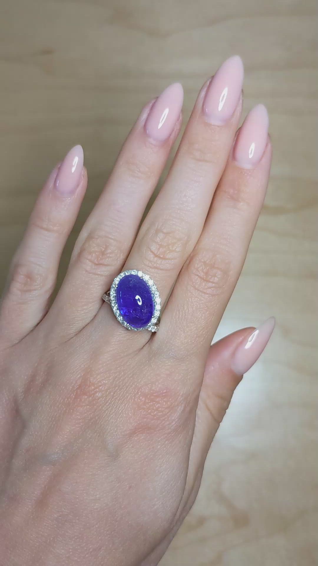 8.56 Ct. Violet Tanzanite and Natural Diamond Pave Ring, 14K White Gold Size Video