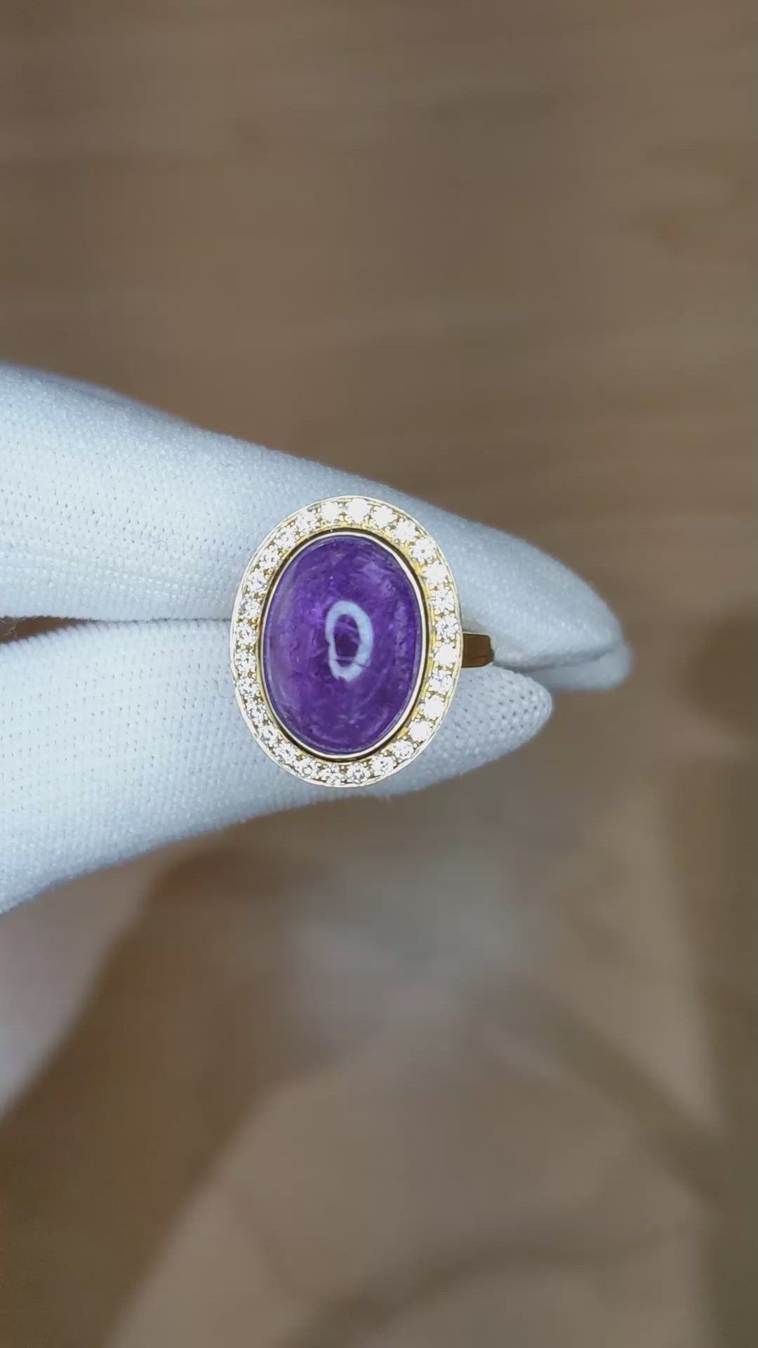 8.58 Ct. Violet Tanzanite and Natural Diamond Pave Ring, 14K Yellow Gold Size Video