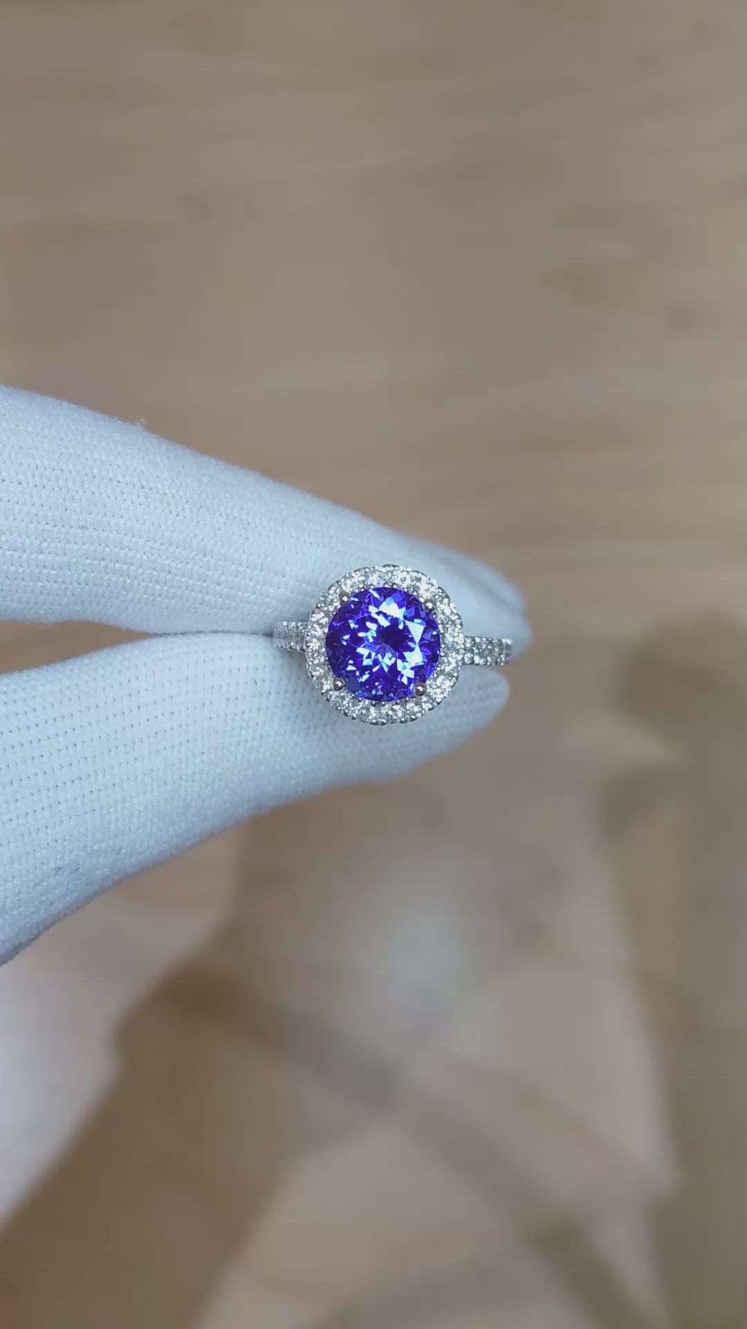 3.34 Ct. Violet Tanzanite and Natural Diamond Pave Ring, 18K White Gold Size Video