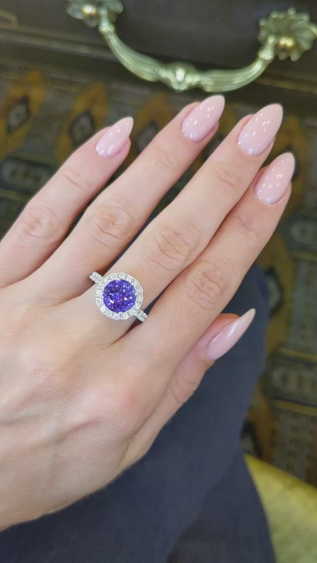 3.34 Ct. Violet Tanzanite and Natural Diamond Pave Ring, 18K White Gold Size Video