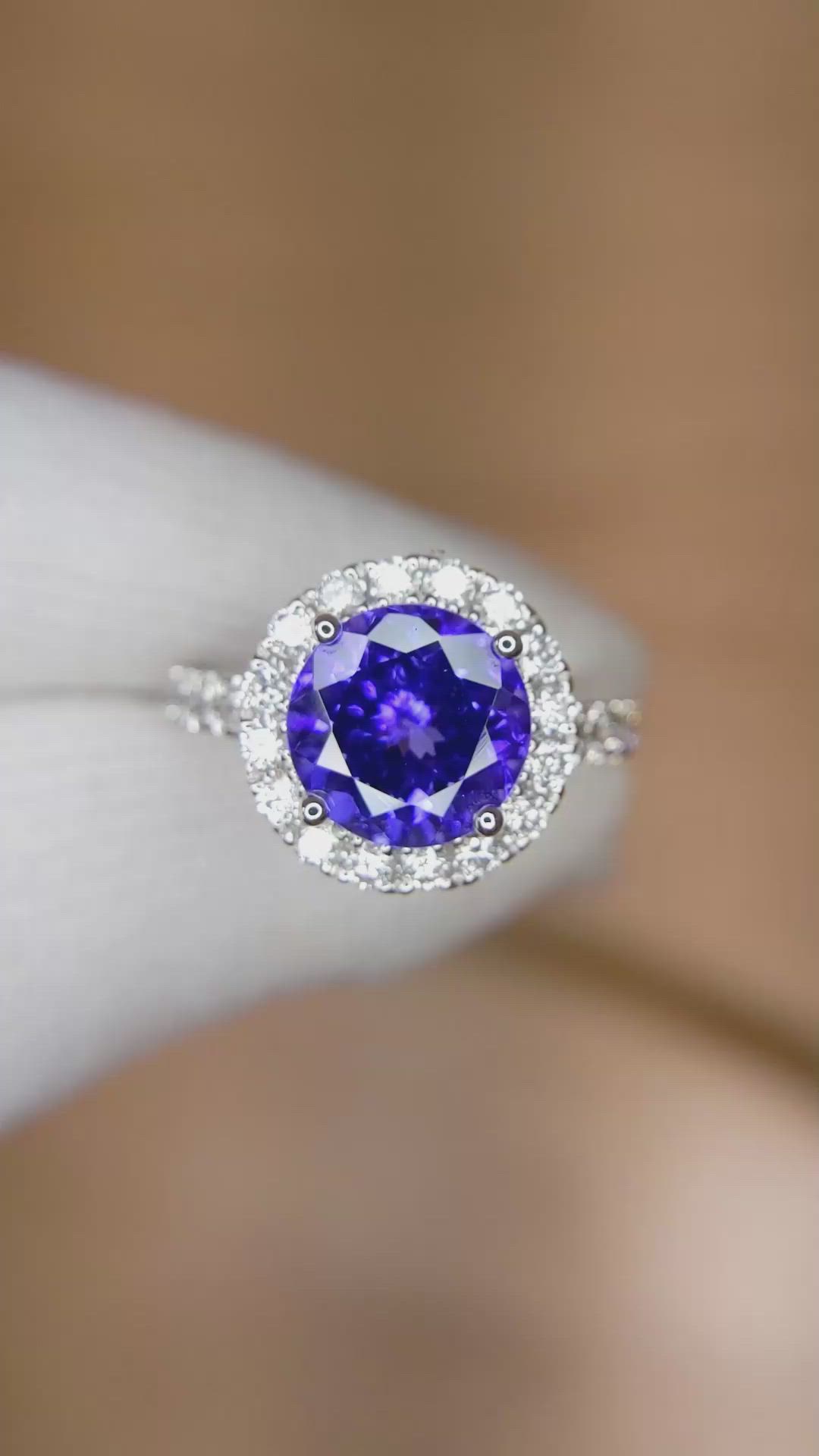 3.34 Ct. Violet Tanzanite and Natural Diamond Pave Ring, 18K White Gold Size Video