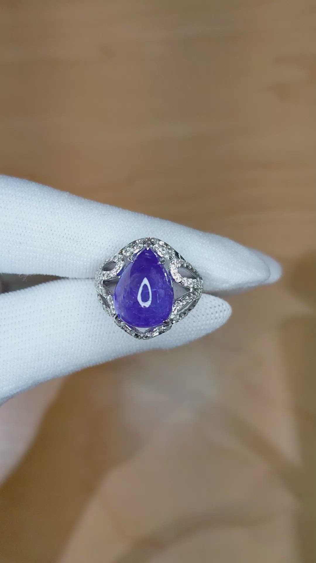 8.49 Ct. Violet Tanzanite and Natural Diamond Antique Style Ring, 14K White Gold Size Video