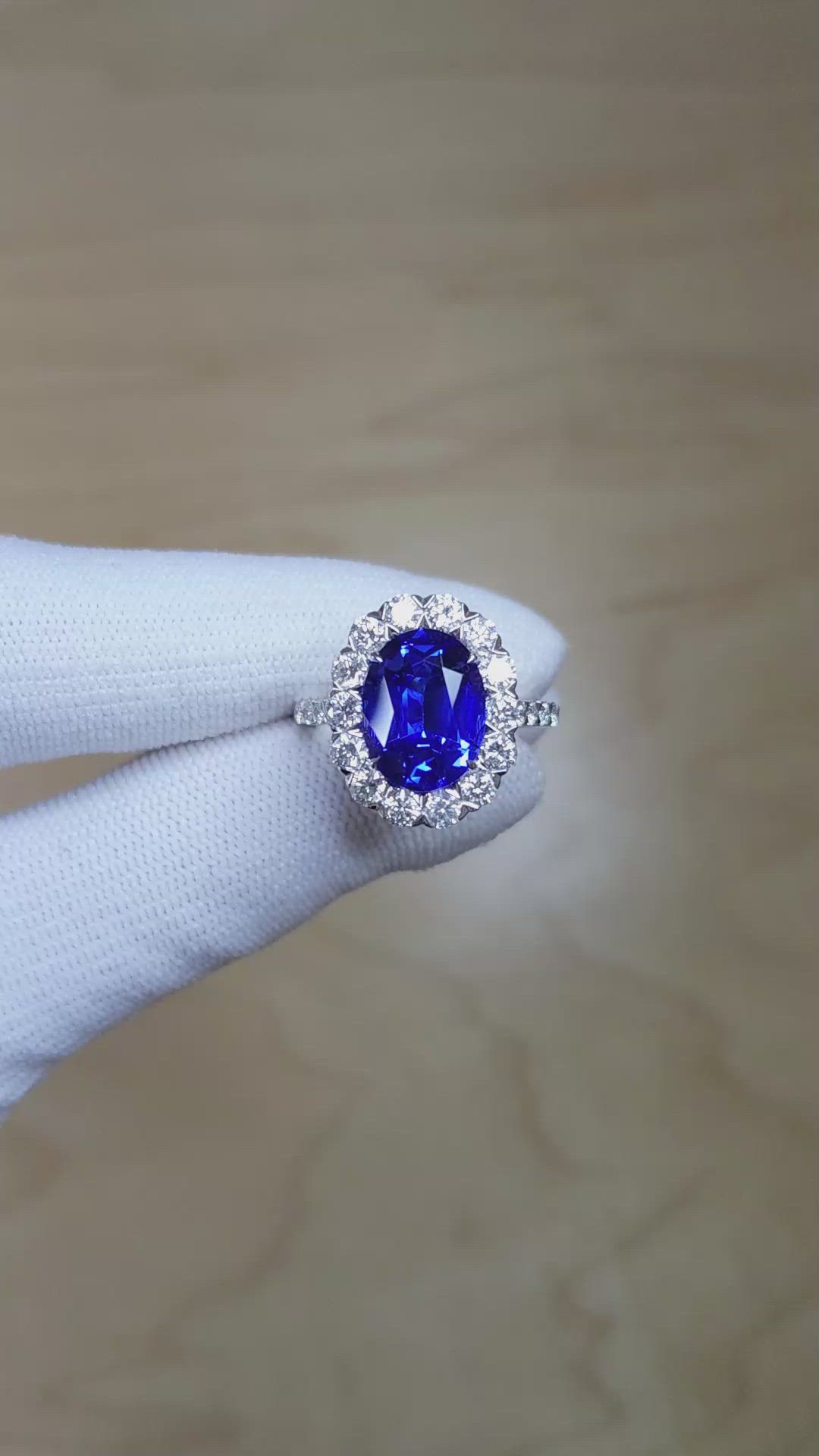 3.86 Ct. Blue Tanzanite and Natural Diamond Pave Ring, 18K White Gold Size Video