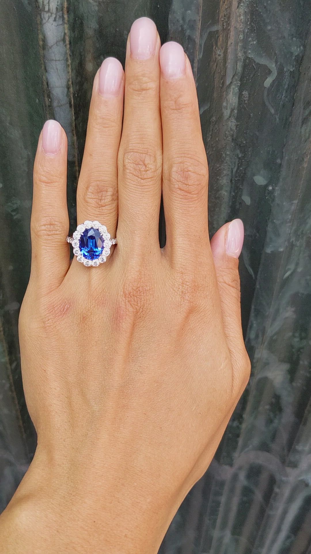 3.86 Ct. Blue Tanzanite and Natural Diamond Pave Ring, 18K White Gold Size Video
