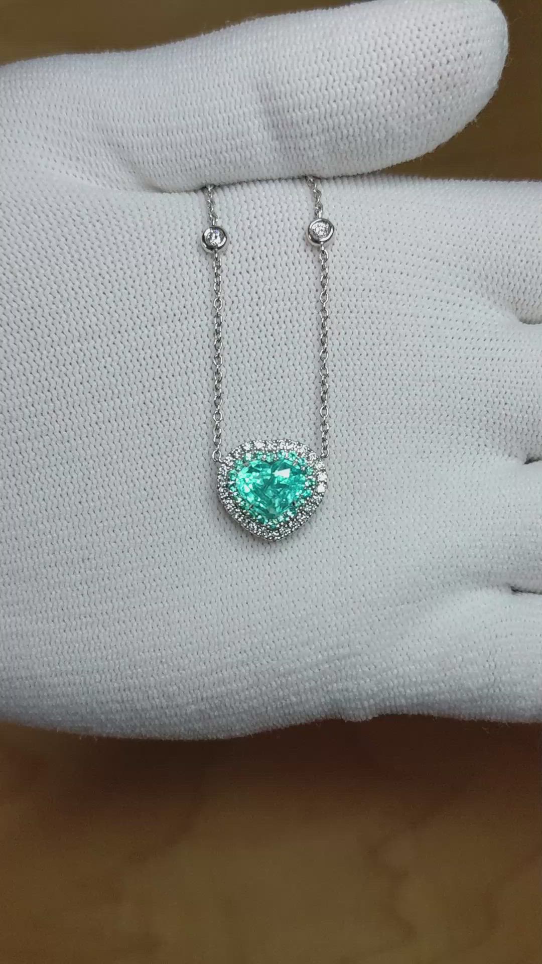 1.83 Ct. Blue Paraiba Tourmaline and Natural Diamond Pave Necklace, 18K White Gold Size Video