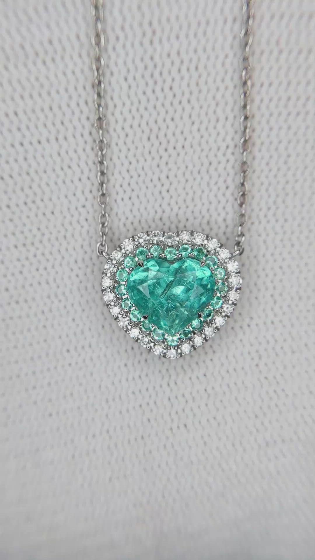 1.83 Ct. Blue Paraiba Tourmaline and Natural Diamond Pave Necklace, 18K White Gold Size Video