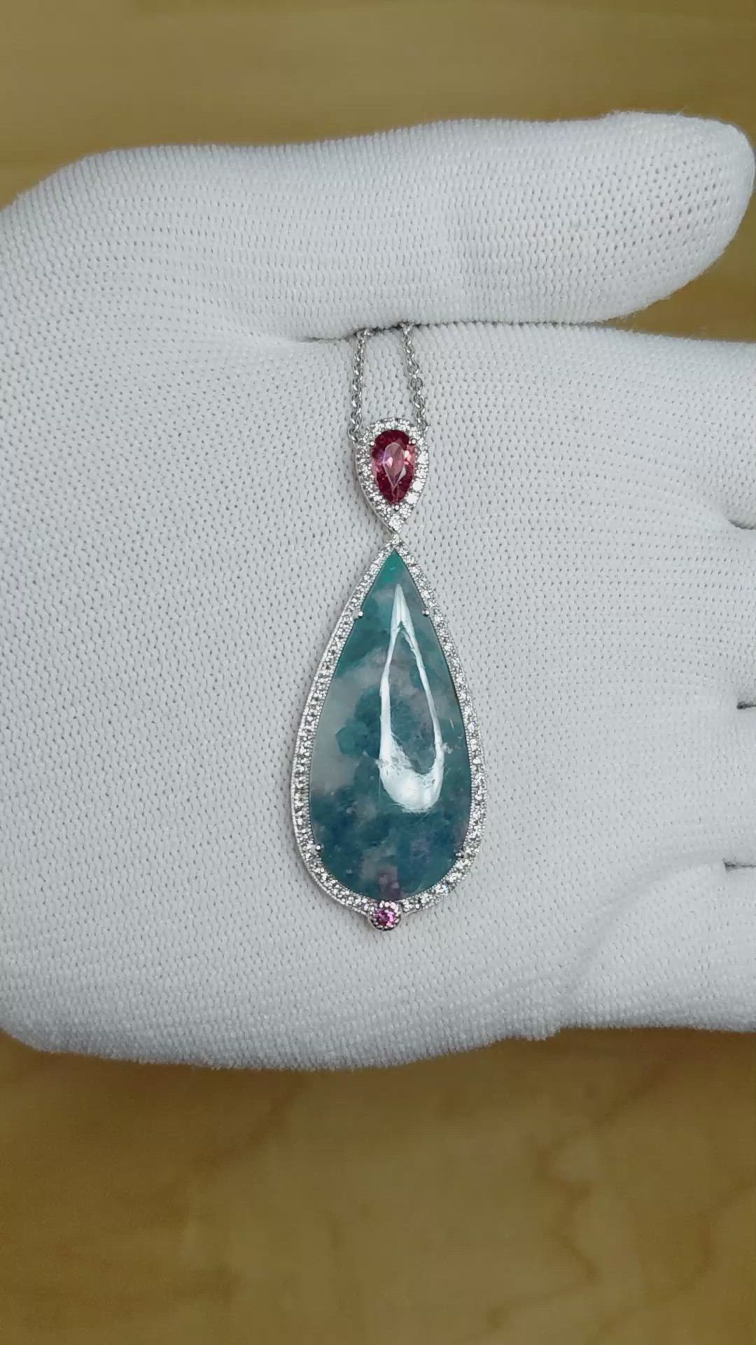 14.60 Ct. Mixed Tourmaline and Natural Diamond Pave Pendant, 18K White Gold Size Video