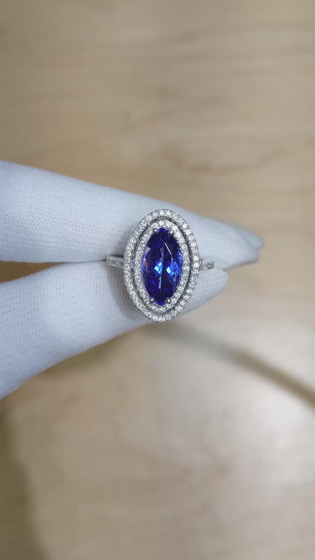 4.01 Ct. Violet Tanzanite and Natural Diamond Pave Ring, 14K White Gold Size Video