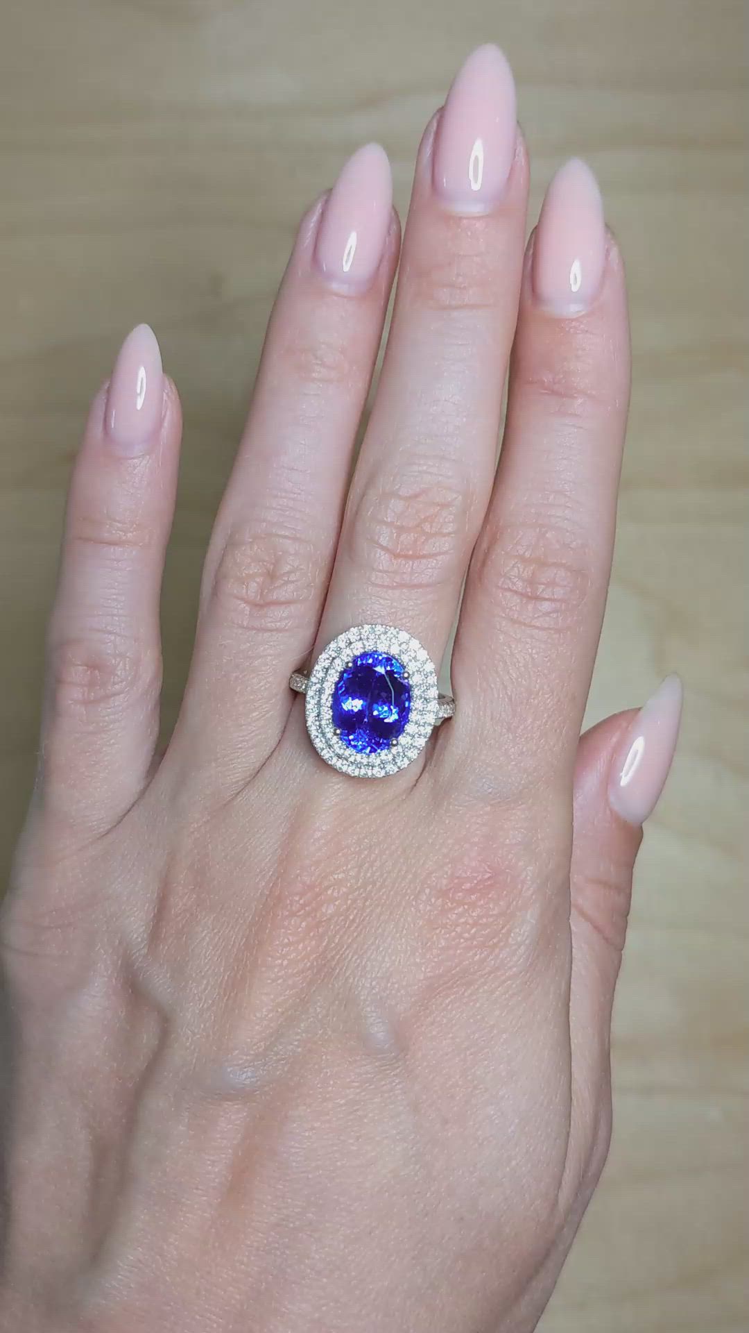 5.08 Ct. Violet Tanzanite and Natural Diamond Pave Ring, 14K White Gold Size Video