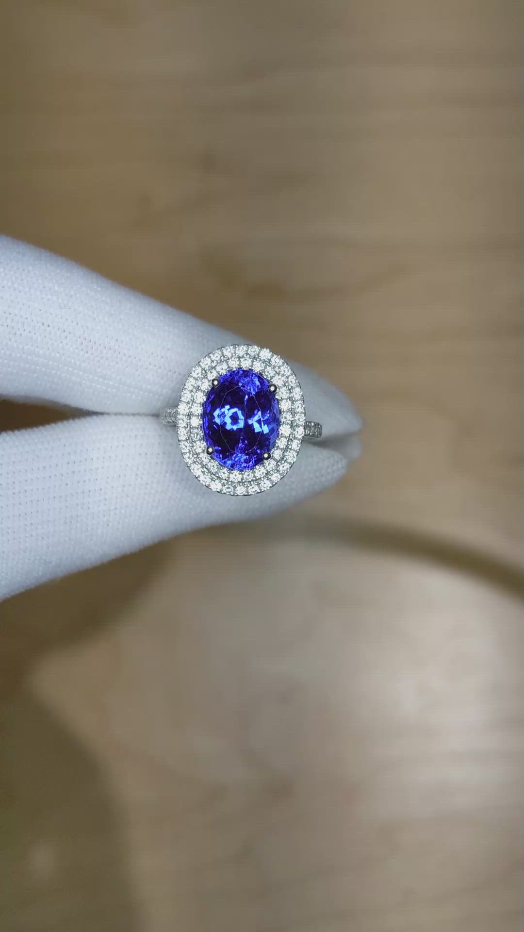 5.08 Ct. Violet Tanzanite and Natural Diamond Pave Ring, 14K White Gold Size Video