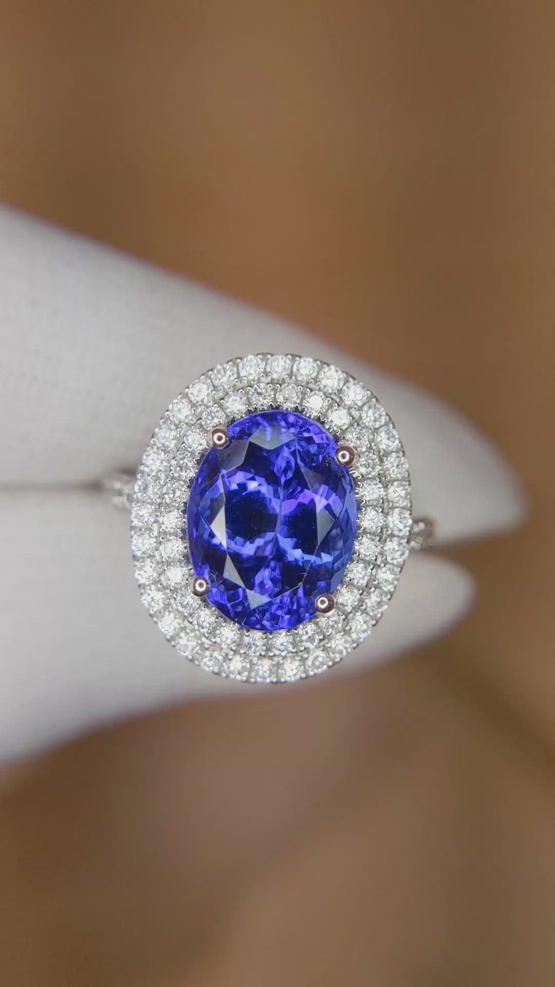 5.08 Ct. Violet Tanzanite and Natural Diamond Pave Ring, 14K White Gold Size Video