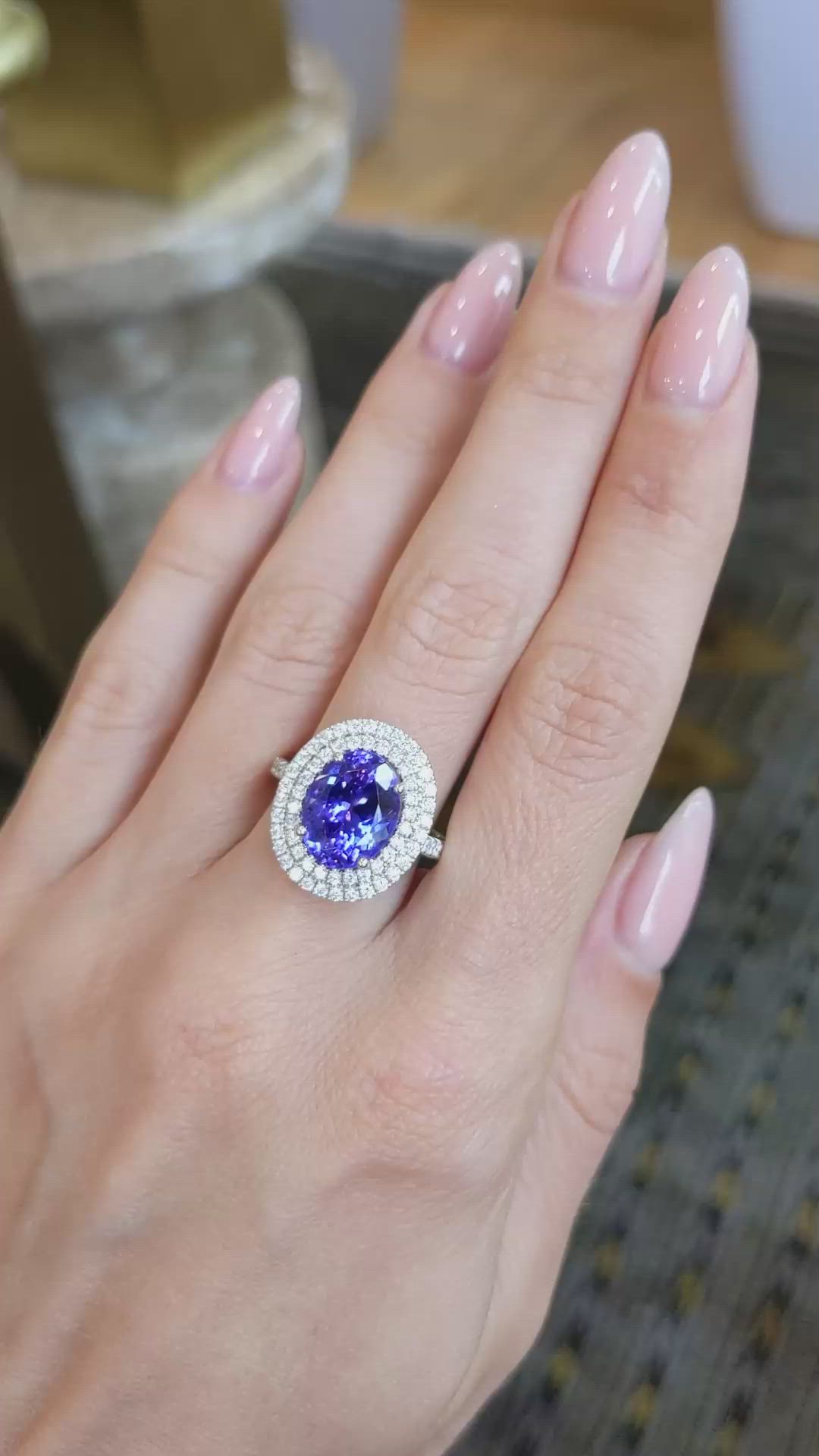 5.08 Ct. Violet Tanzanite and Natural Diamond Pave Ring, 14K White Gold Size Video