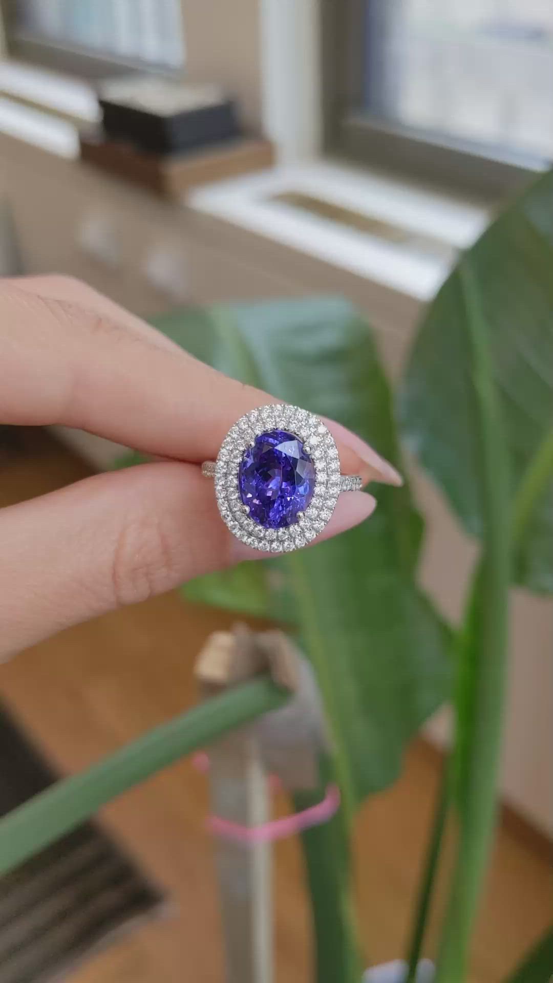 5.08 Ct. Violet Tanzanite and Natural Diamond Pave Ring, 14K White Gold Size Video