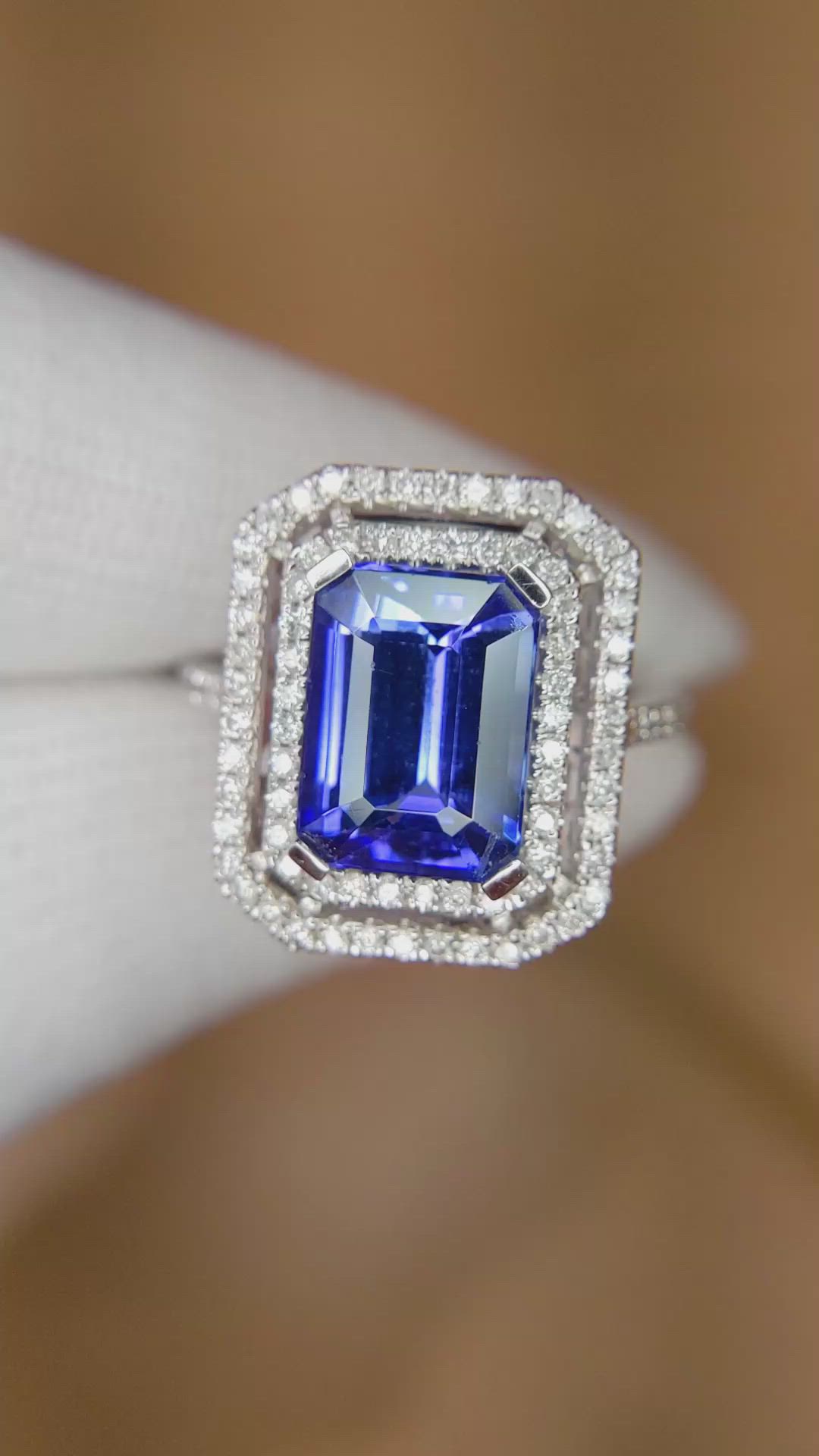4.50 Ct. Violet Tanzanite and Natural Diamond Pave Ring, 14K White Gold Size Video