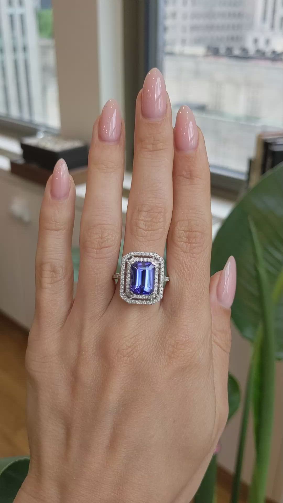 4.50 Ct. Violet Tanzanite and Natural Diamond Pave Ring, 14K White Gold Size Video