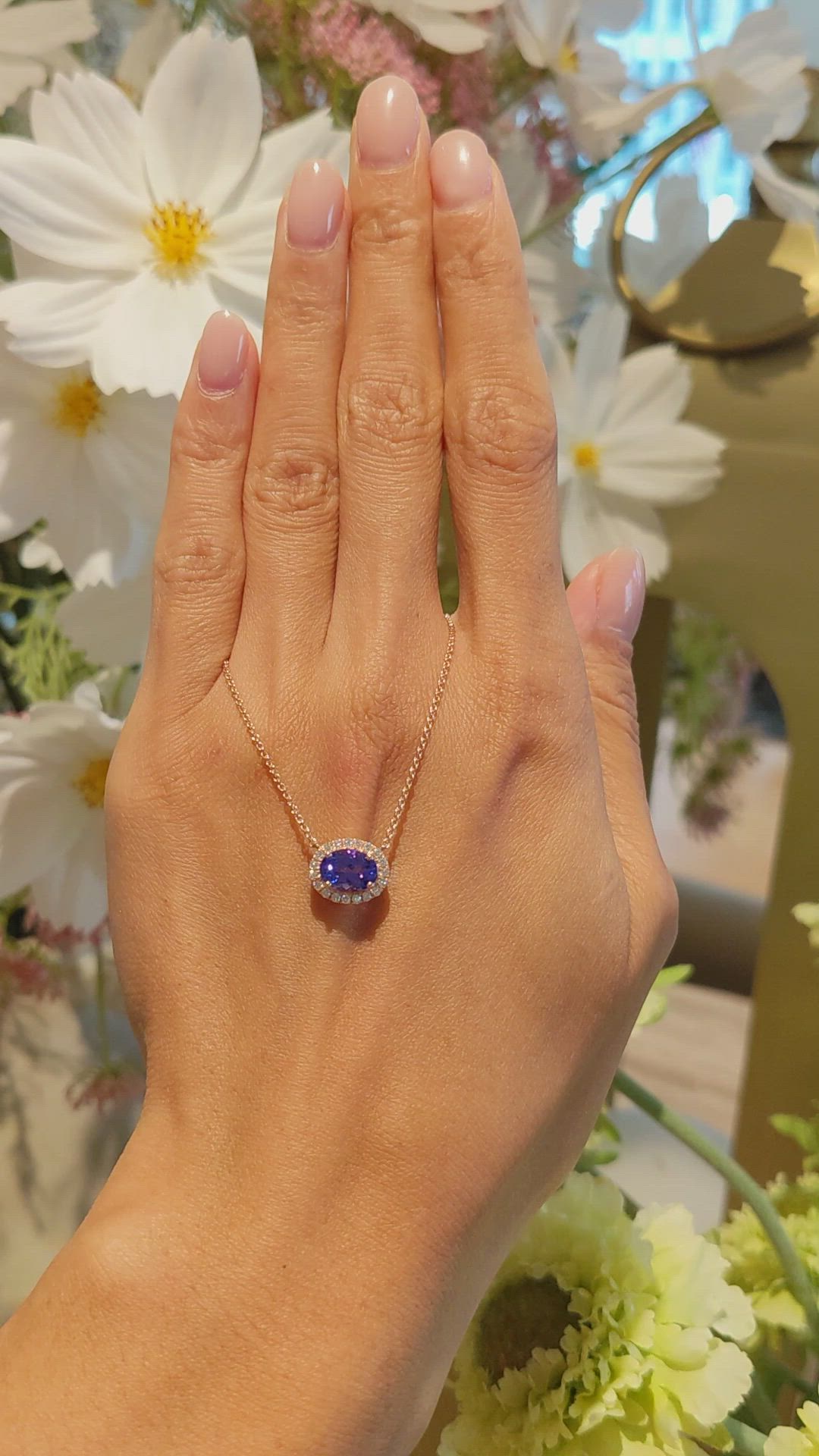 1.35 Ct. Violet Tanzanite and Natural Diamond Pave Necklace, 14K Rose Gold Size Video