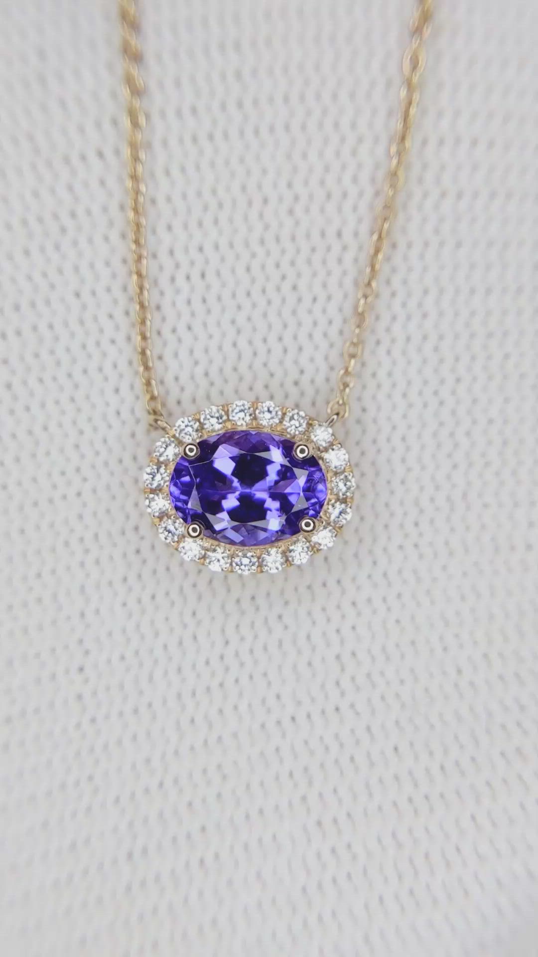 1.35 Ct. Violet Tanzanite and Natural Diamond Pave Necklace, 14K Rose Gold Size Video